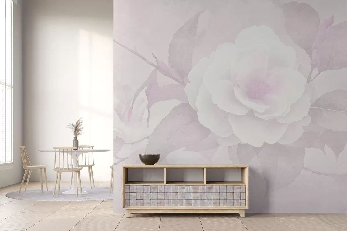 Fototapete Sanftes Pastell mit Kamelienblüten auf dem Zweig, rosa Farben w03760v2