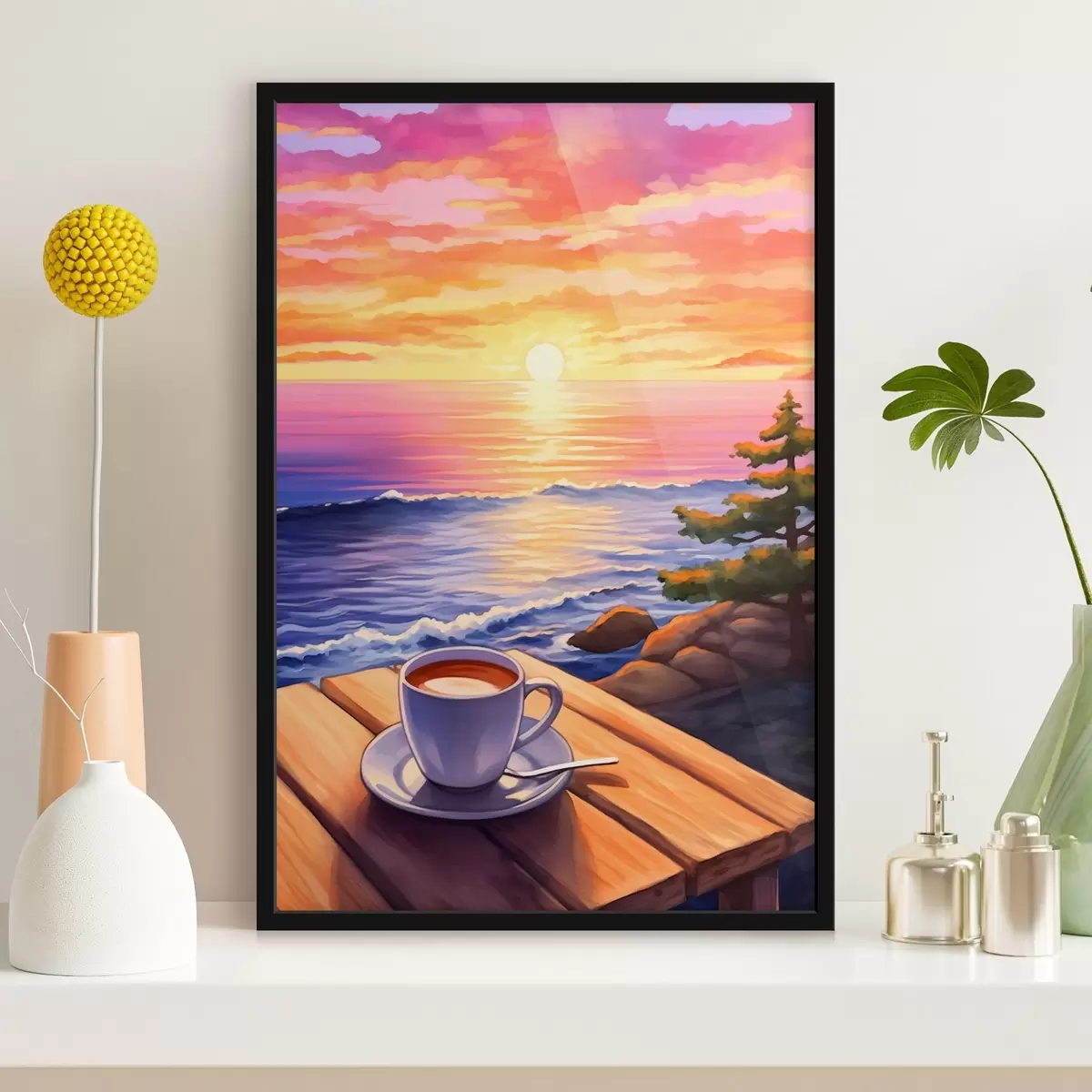 Poster Tasse Kaffee auf dem Hintergrund der Landschaft f44105