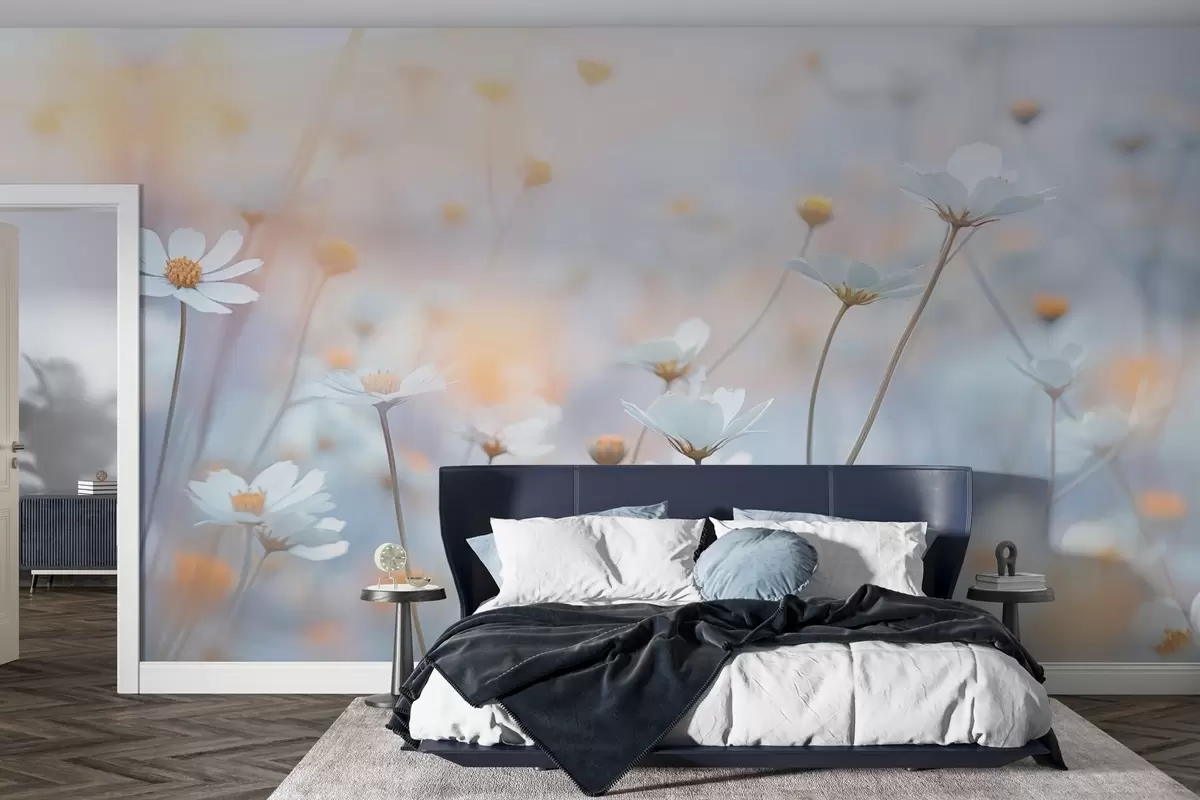 Fototapete Hellblaue Blumen im warmen Abendlicht w03802