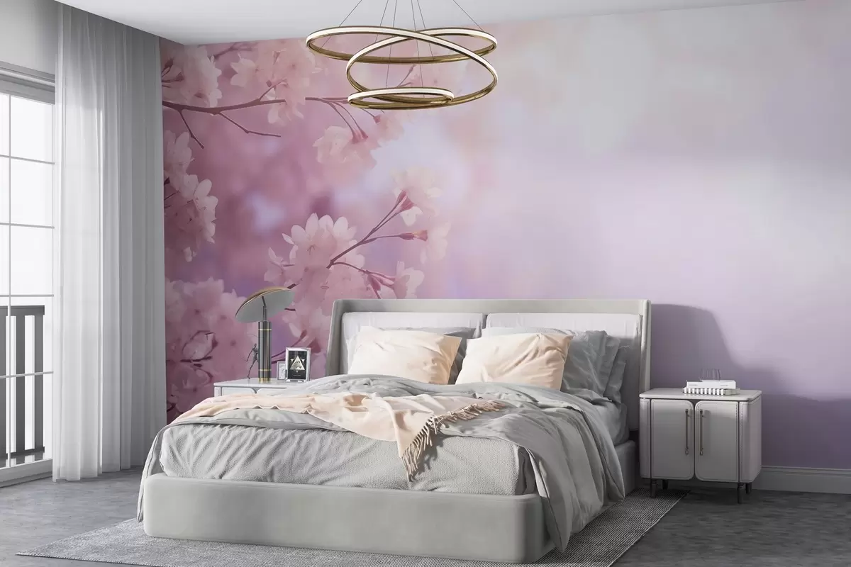 Fototapete Sakura-Zweige mit rosa Blüten auf pastellfarbenem Hintergrund w03804