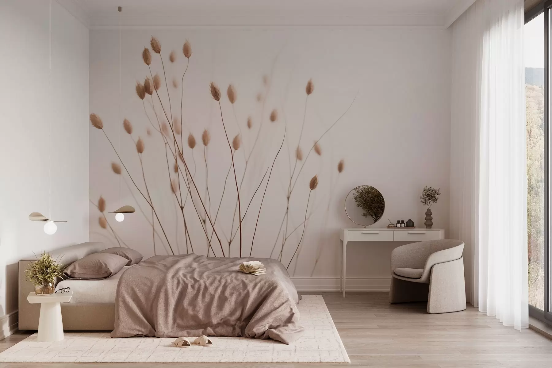 Fototapete Minimalistische Zweige mit Ährchen auf weißem Hintergrund w03805
