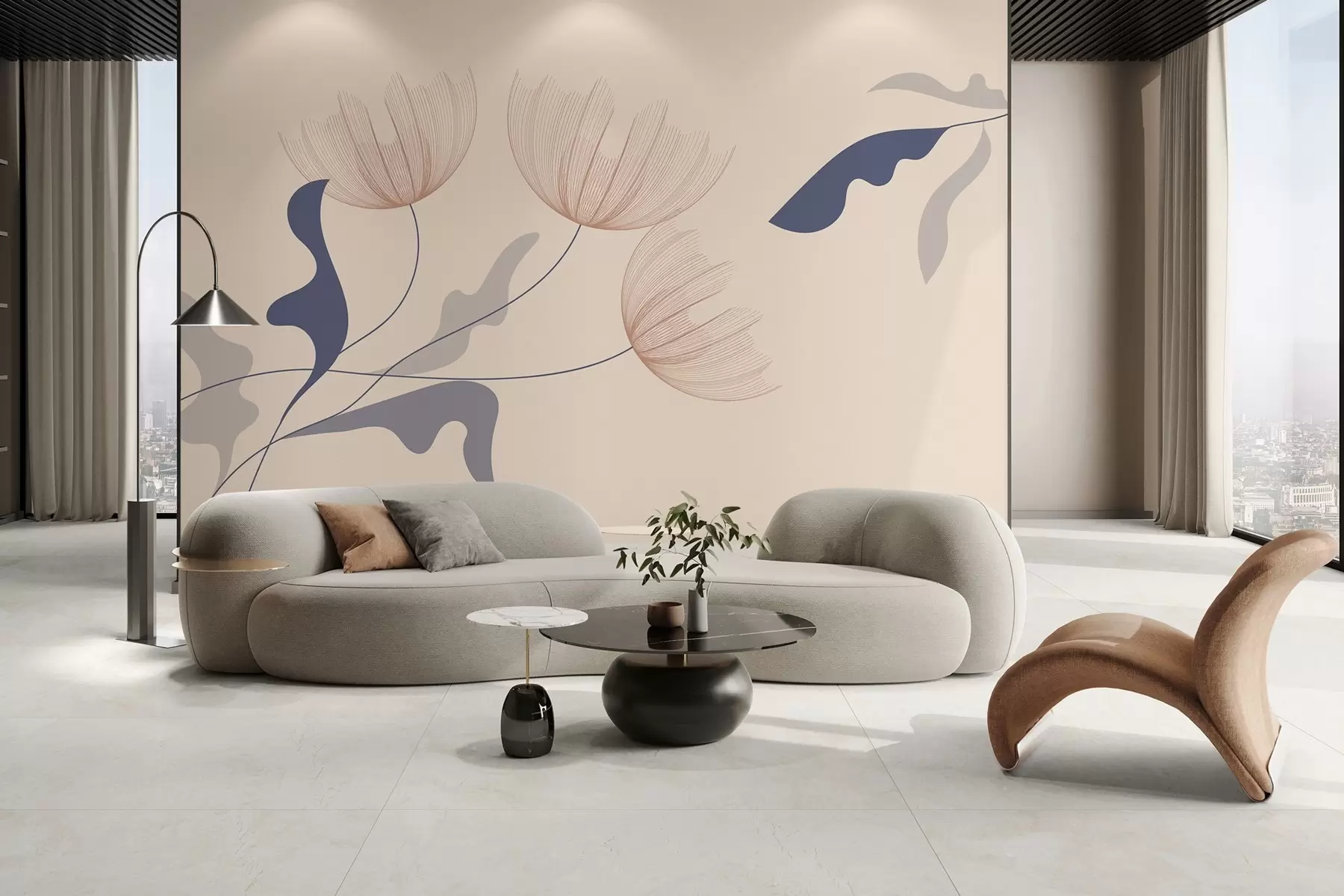 Fototapete elegante minimalistische Blumen in Blautönen auf beigem Hintergrund w03763