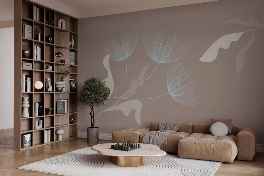 Fototapete elegante minimalistische Blumen in Weiß- und Blautönen auf einem mokkafarbenen Hintergrund w03763v3