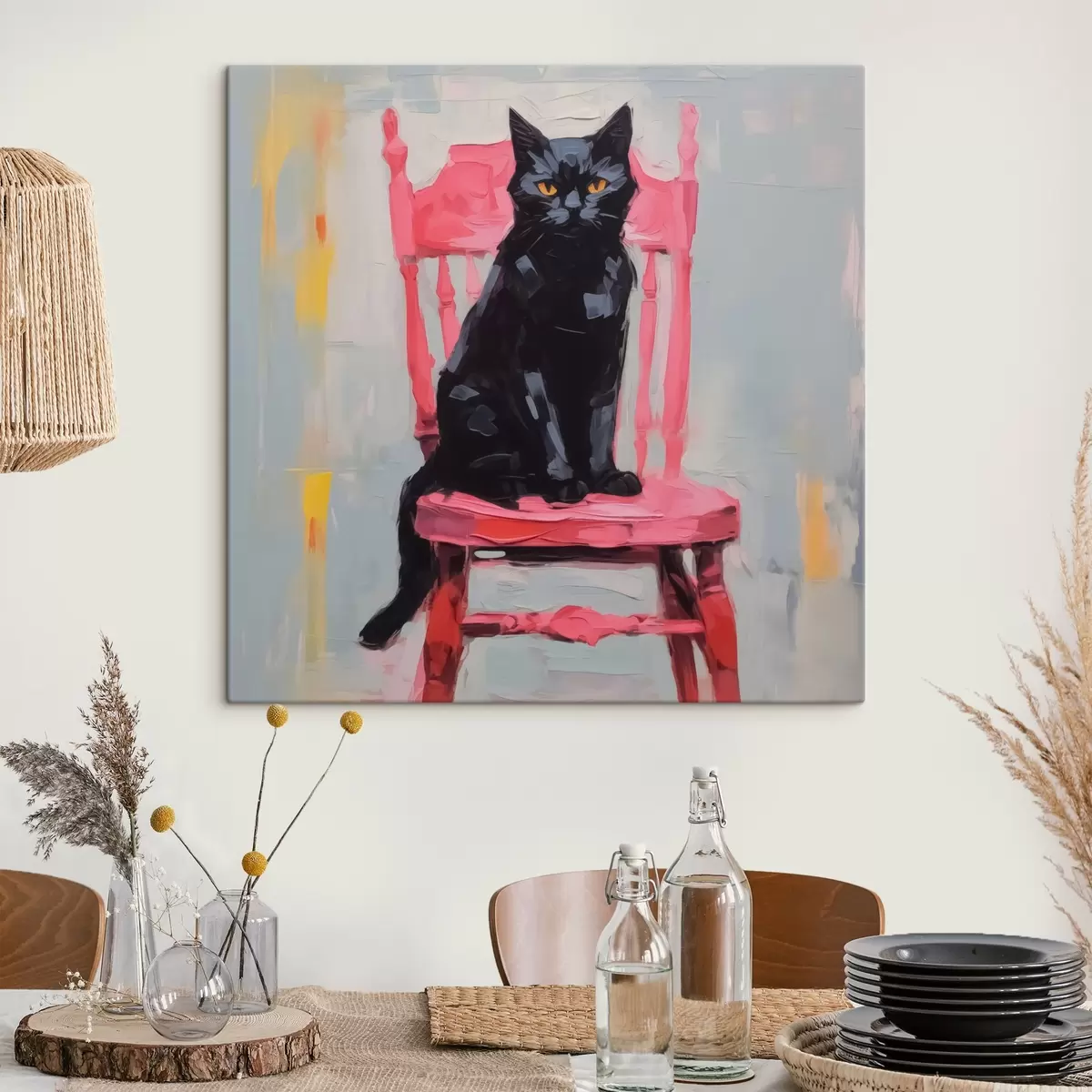 Wandbilder Schwarze Katze auf einem Stuhl s44130