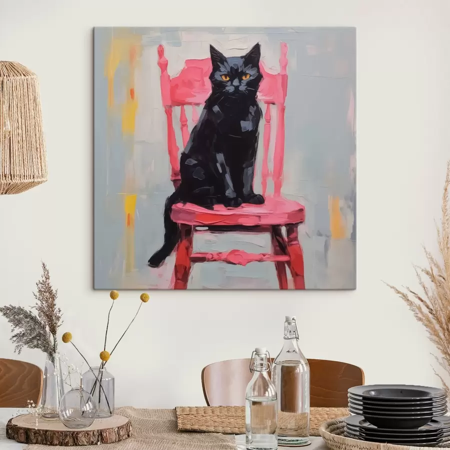Wandbilder Schwarze Katze auf einem Stuhl s44130