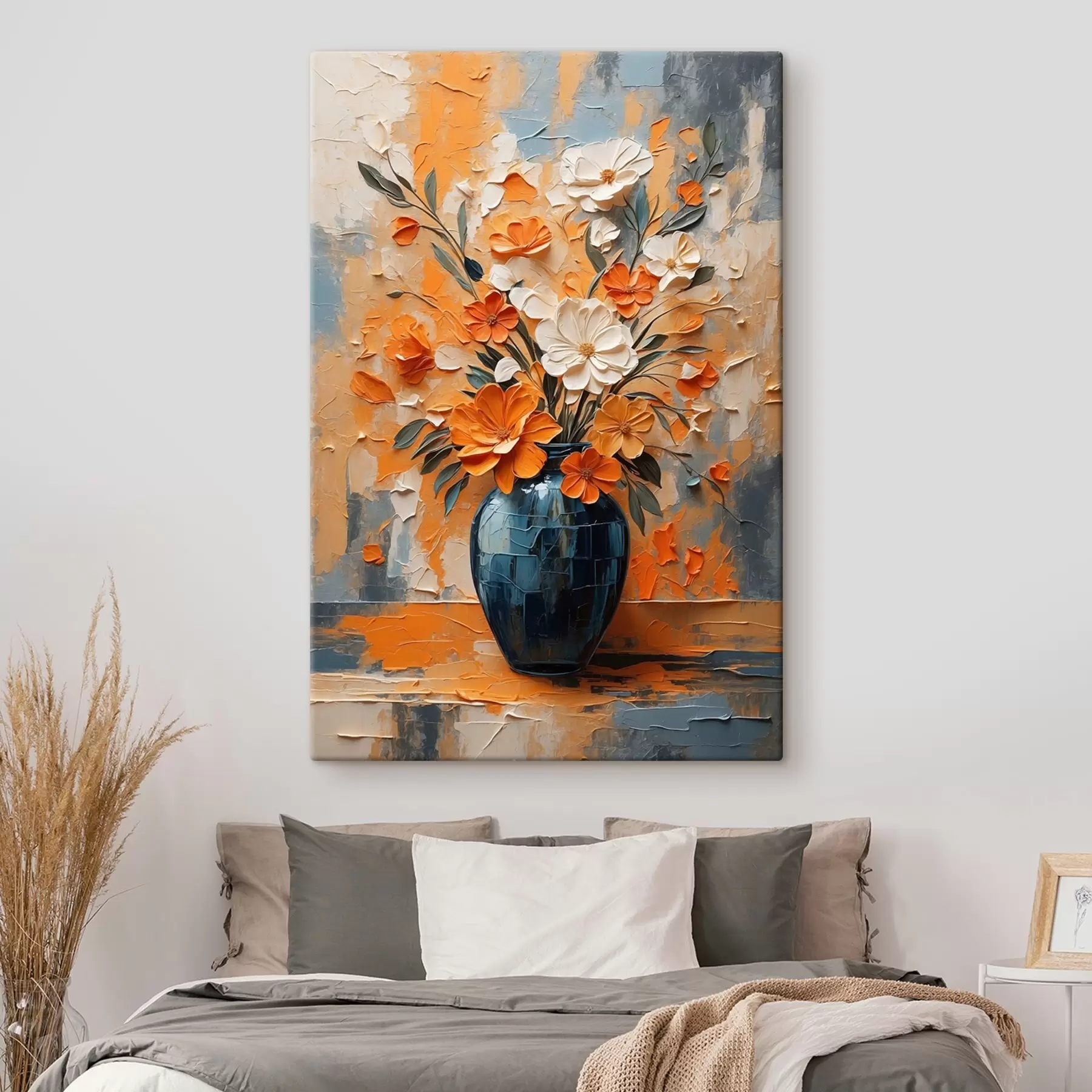 Wandbilder Weiße und orangefarbene Blumen in einer Vase im Stil der Ölmalerei s44059