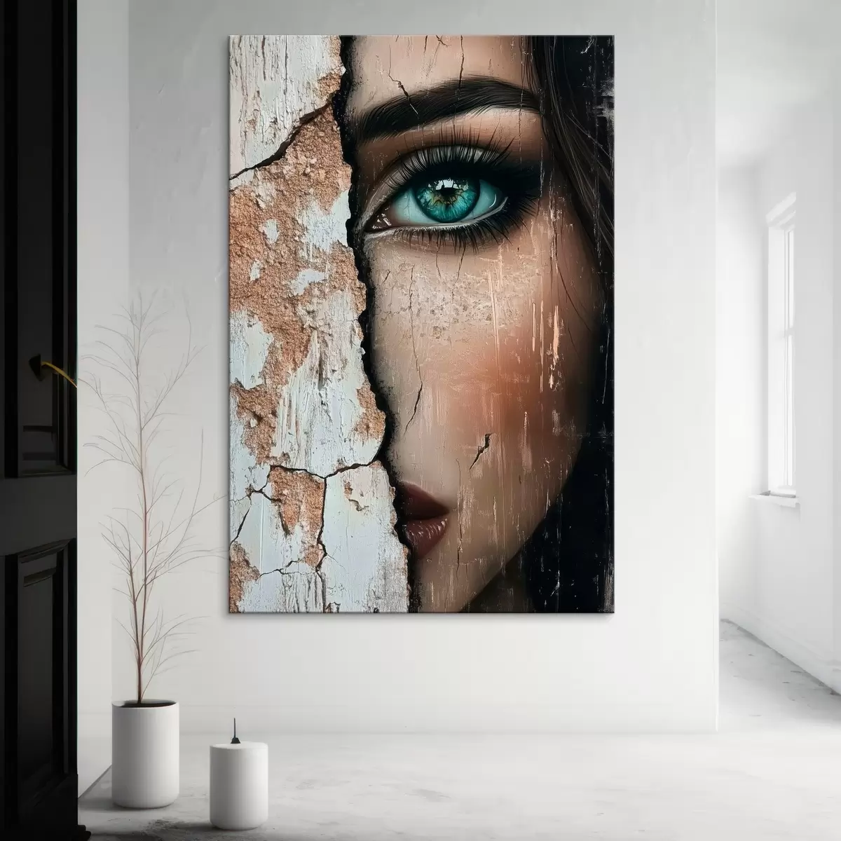 Wandbilder Das Gesicht eines Mädchens hinter einer alten Mauer s44069