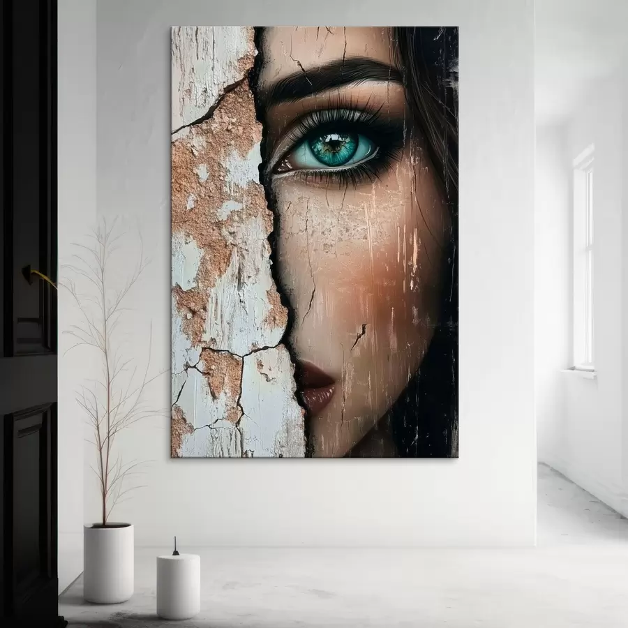 Wandbilder Das Gesicht eines Mädchens hinter einer alten Mauer s44069
