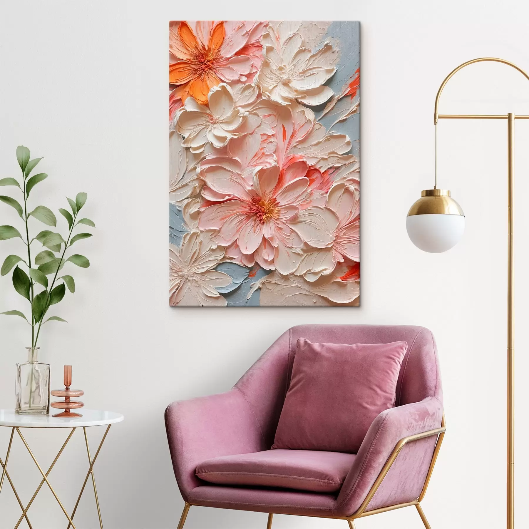 Fototapete Weiße und rosa Blumen auf blauem Hintergrund in Ölmalerei Stil s44074