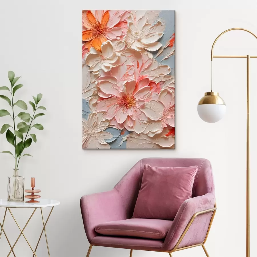 Wandbilder Weiße und rosa Blumen auf blauem Hintergrund in Ölmalerei Stil s44074