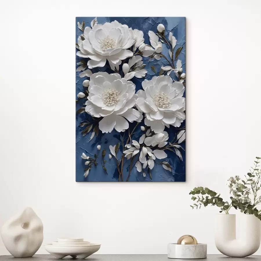 Wandbilder Weiße Blumen auf blauem Ölgemälde Hintergrund s44091