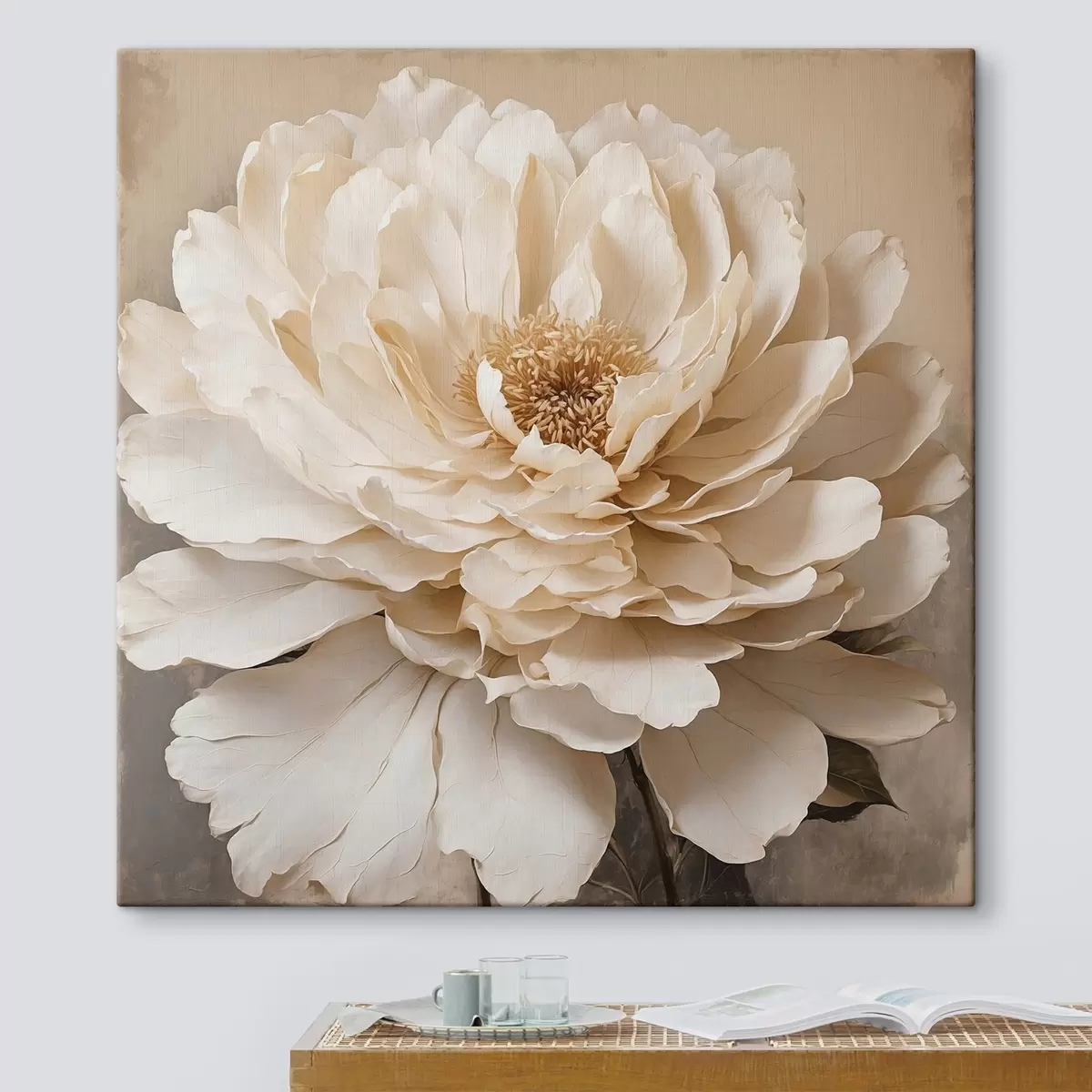 Wandbilder Weiße Blume auf beigem Hintergrund s44094