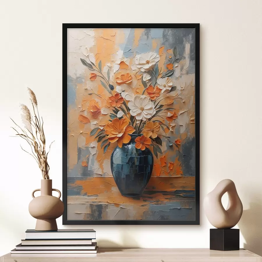 Fototapete Weiße und orangefarbene Blumen in einer Vase im Stil der Ölmalerei f44059