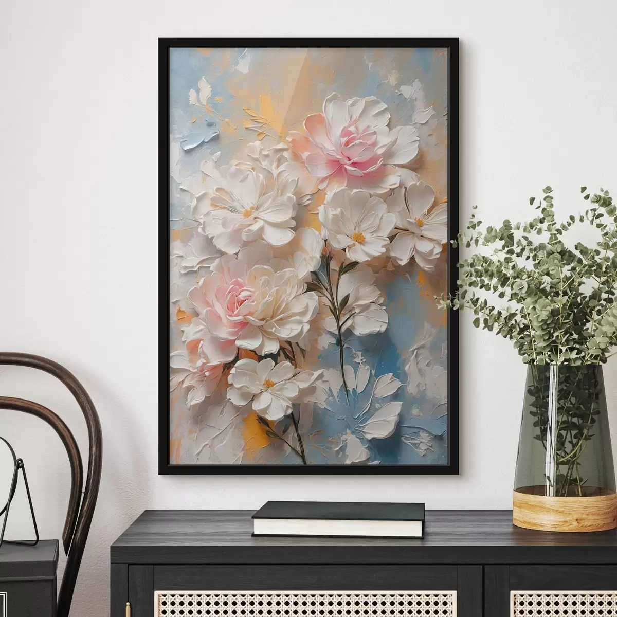 Poster Weiße und rosa Blumen auf abstraktem Hintergrund f44066