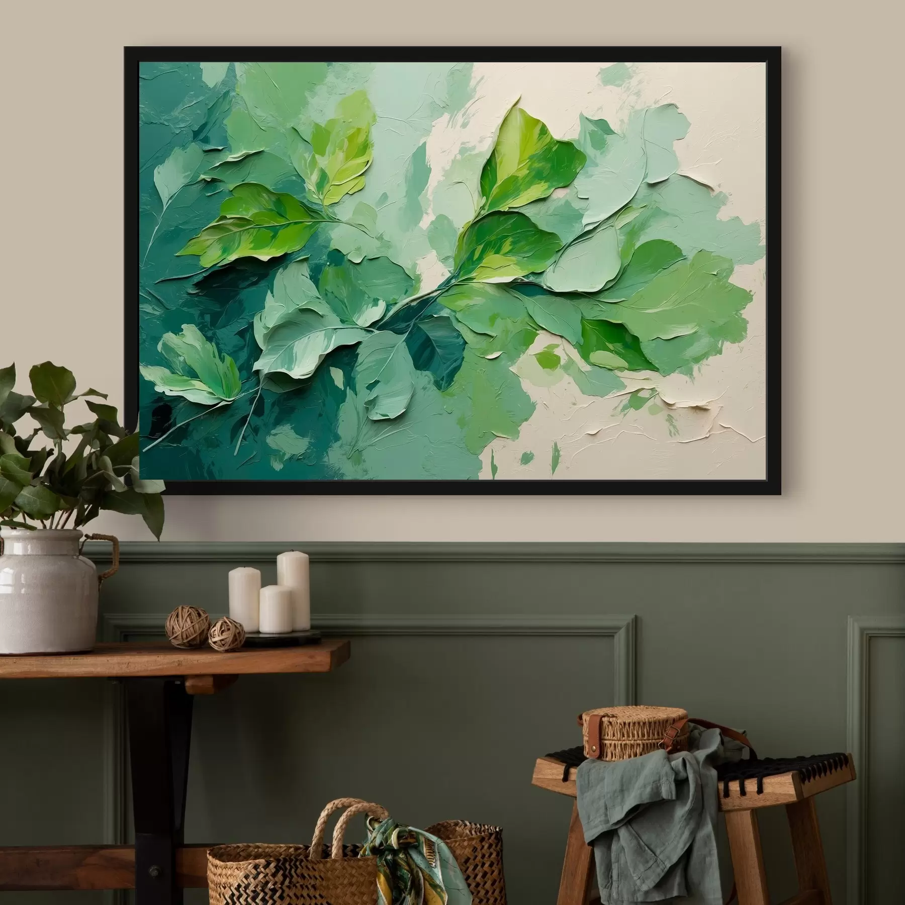 Fototapete Zweig mit grünen Blättern im Stil der Ölmalerei f44075