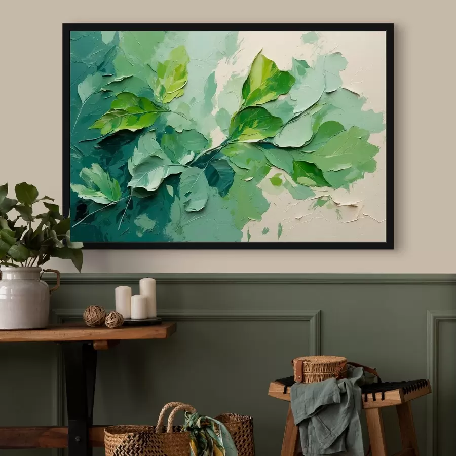 Fototapete Zweig mit grünen Blättern im Stil der Ölmalerei f44075