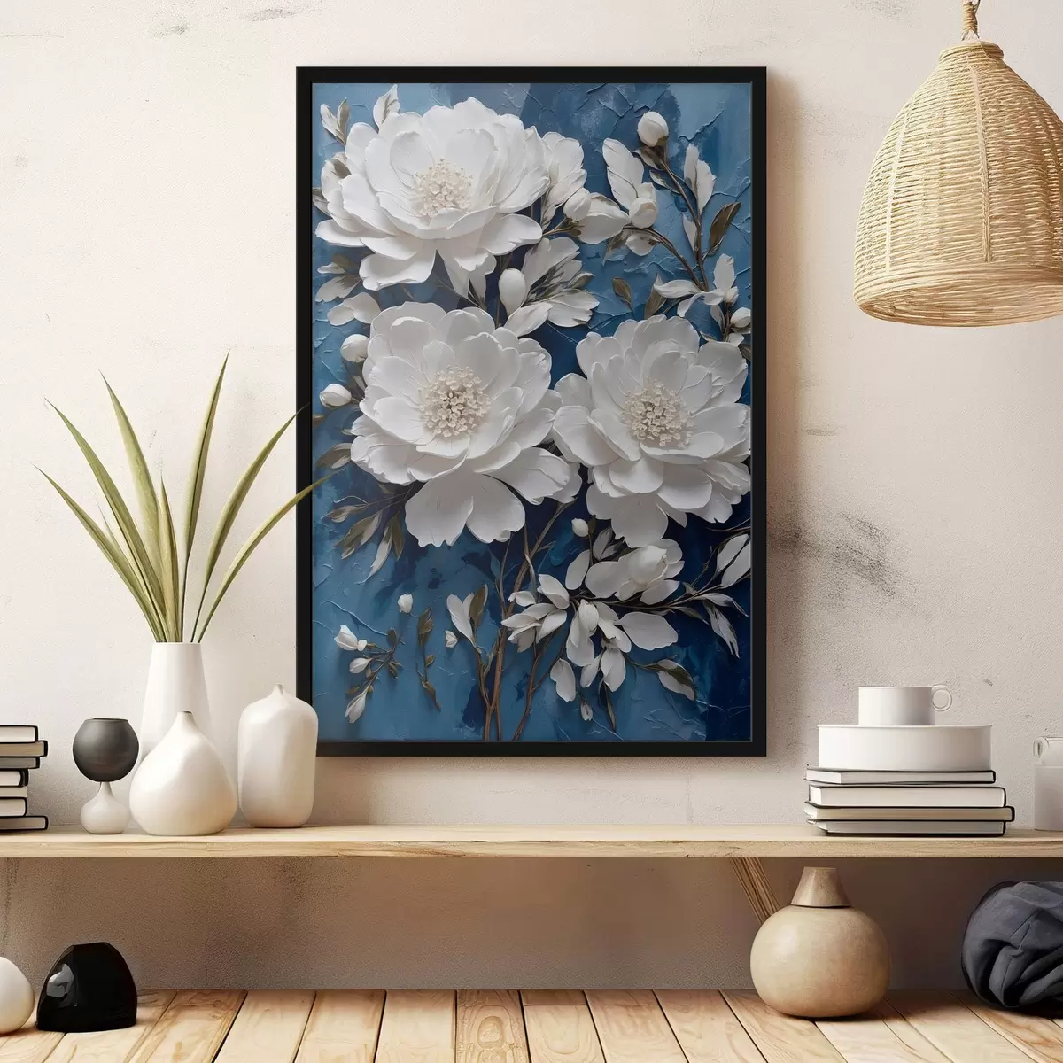 Poster Weiße Blumen auf blauem Ölgemälde Hintergrund f44091
