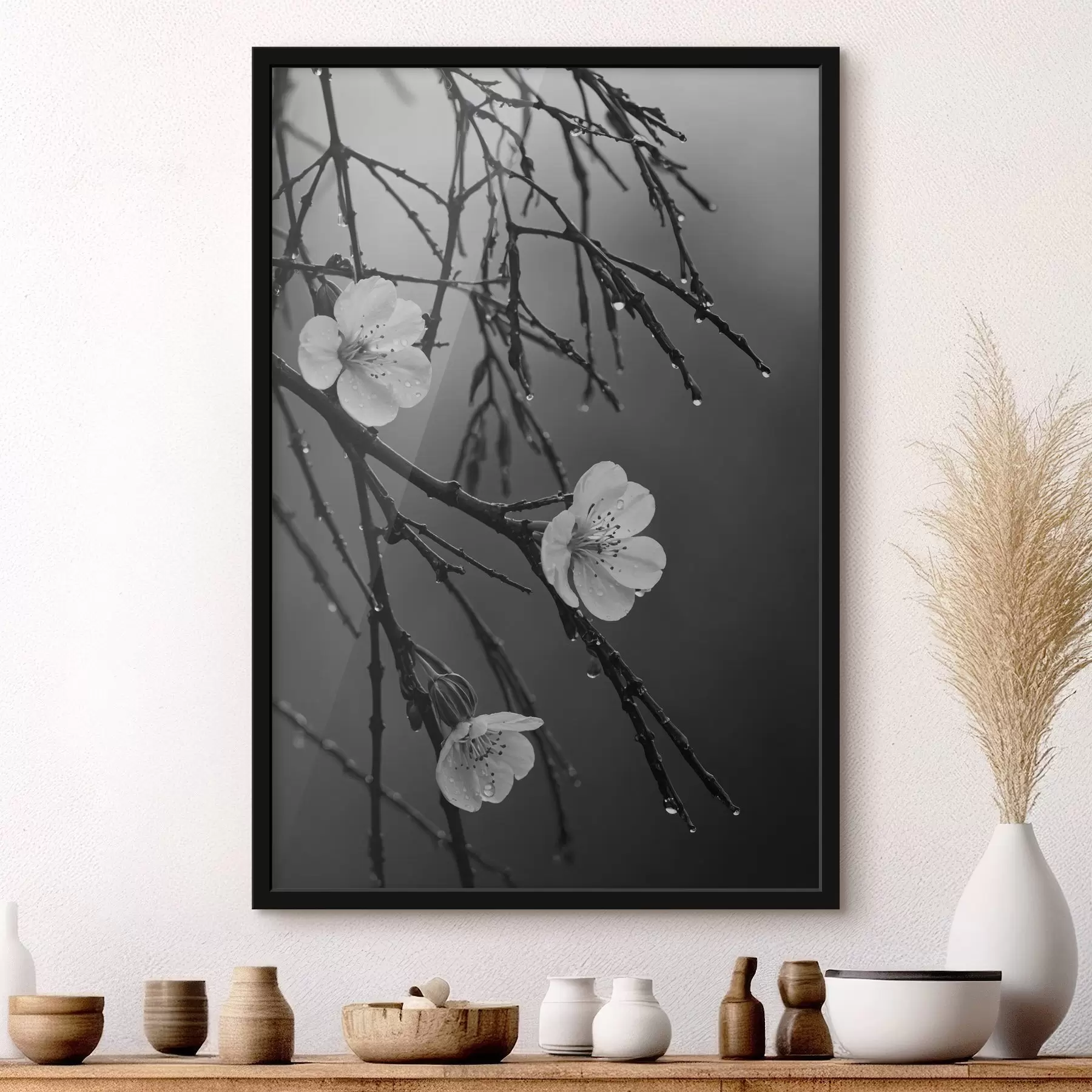 Wandbilder Blumen auf den Zweigen nach dem Regen f44098