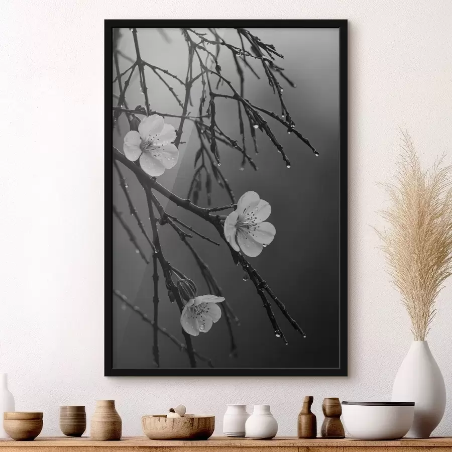 Fototapete Blumen auf den Zweigen nach dem Regen f44098