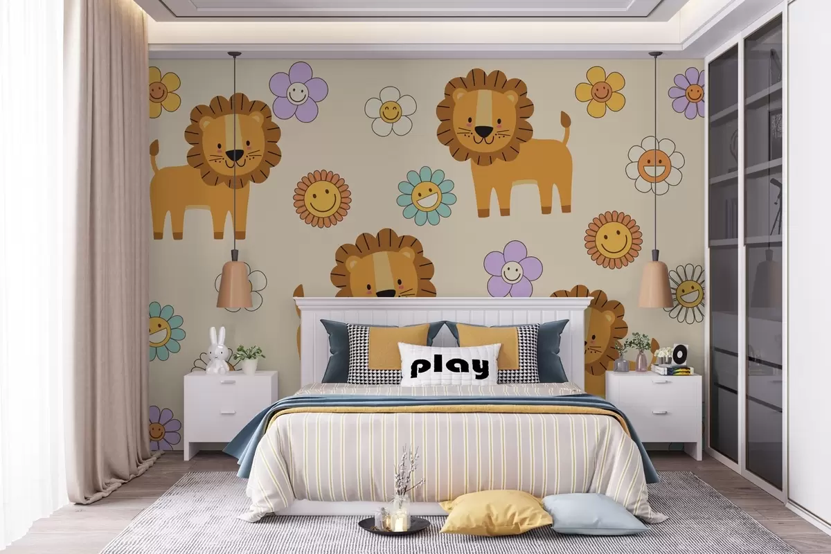 Fototapete Niedliche Löwenbabys und Blumen w03863