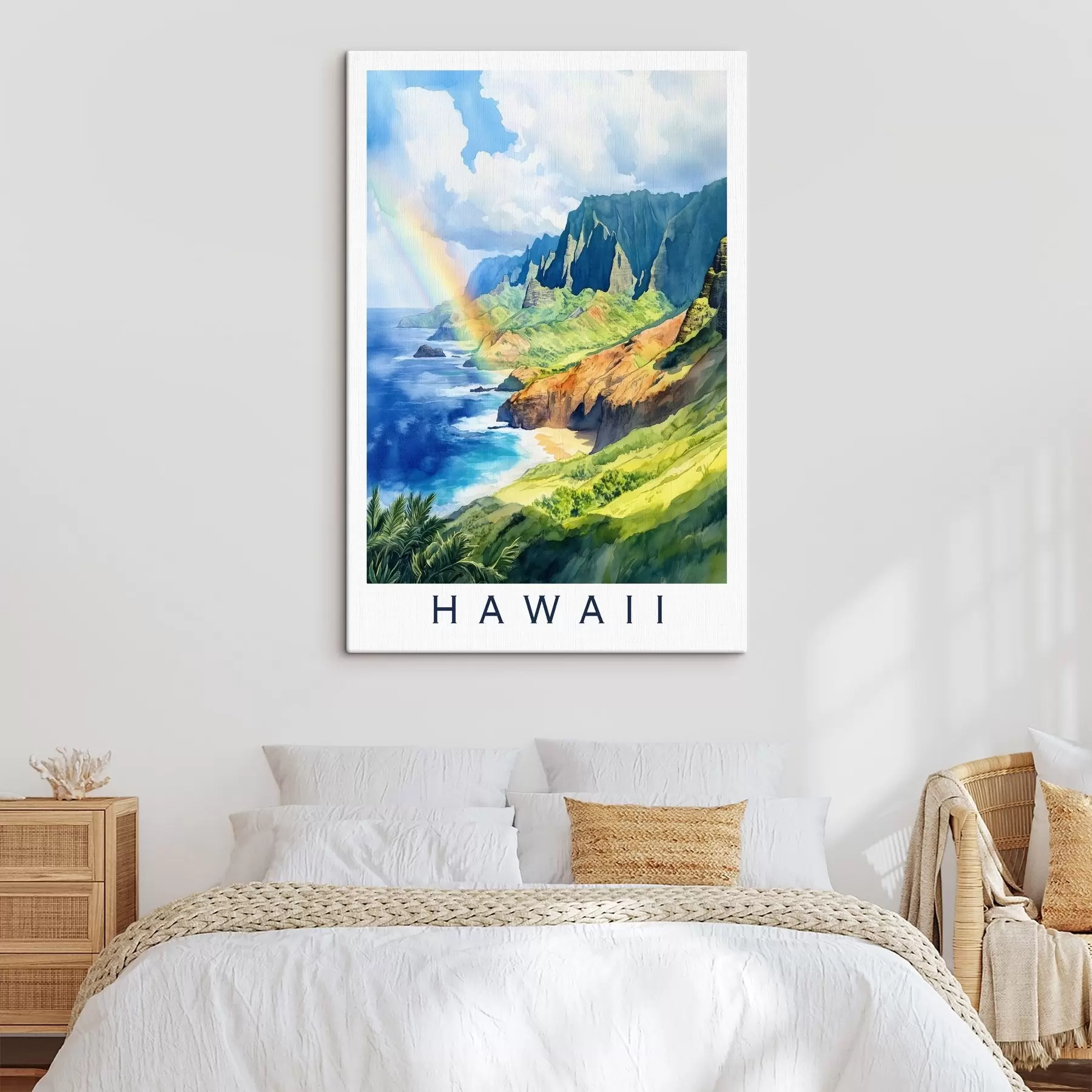 Fototapete Insel Hawaii, Aquarellstil, Regenbogen, grüne Berge, Meer s44141