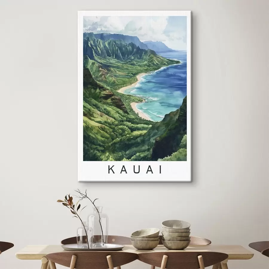 Wandbilder Grüne Berge, Hawaii, Ozean, tropisch, Aquarellstil s44143