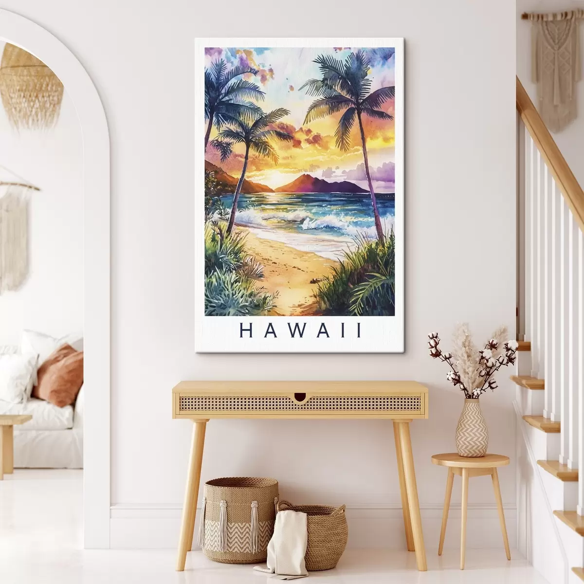 Wandbilder Sonnenuntergang auf der Insel Hawaii, Palmen, Meer, bunten Himmel, Aquarell-Stil s44142