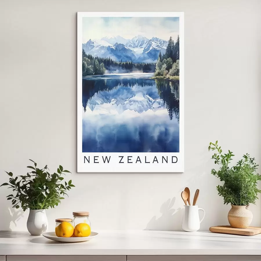 Wandbilder Schöne Berge in Neuseeland, Aquarell-Stil, See, Wald s44144