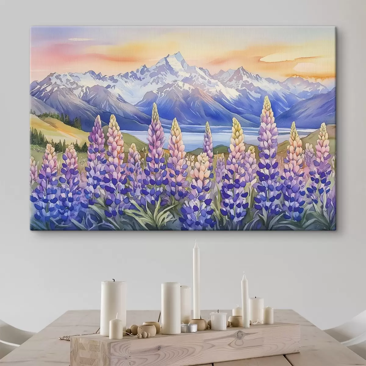 Wandbilder Lupinenblüten, Wiese, Berge, Aquarellstil, Sonnenuntergangshimmel s44146