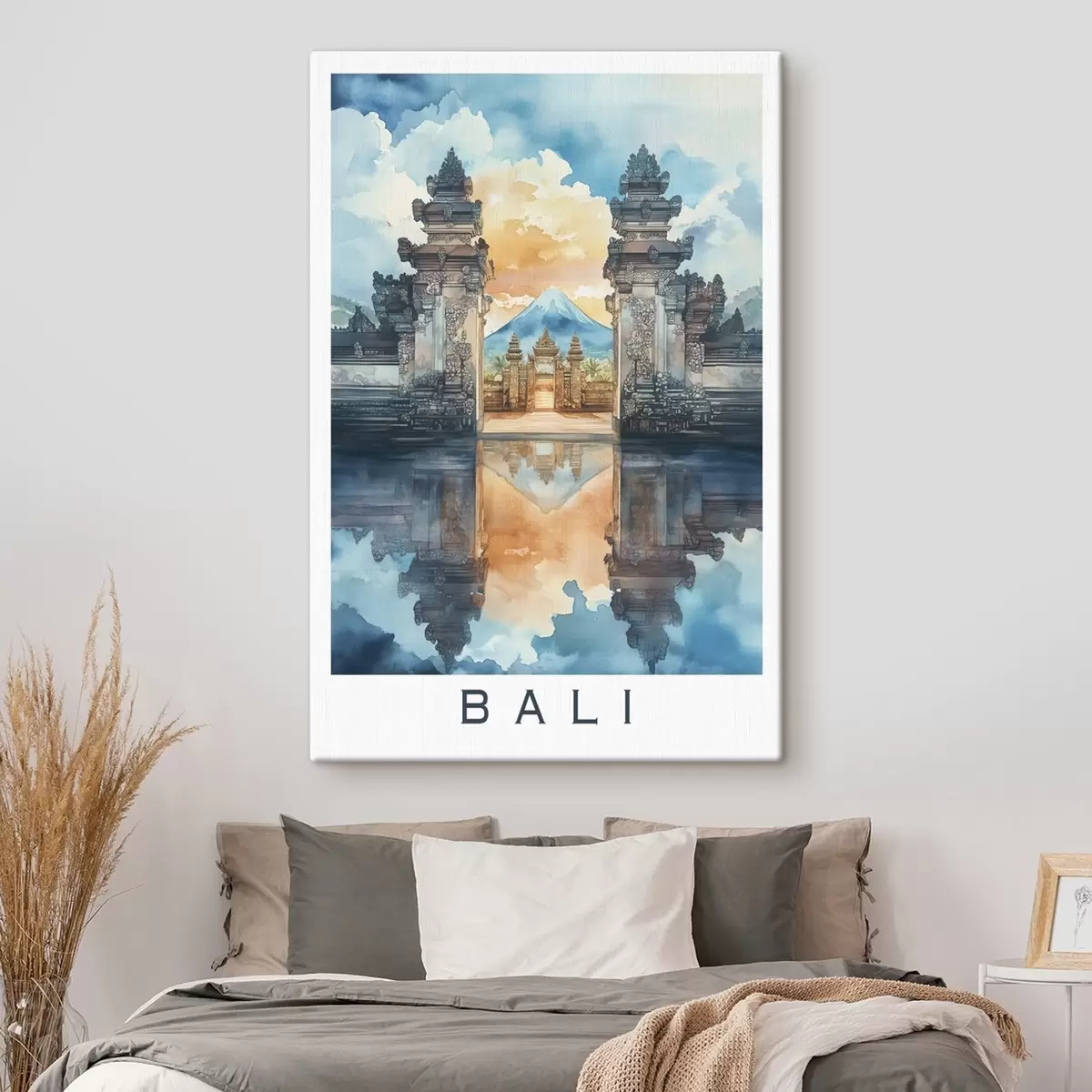 Wandbilder Bali Ästhetik, Tempel, Sonnenuntergang Himmel, tropische Natur, Aquarell-Stil s44149