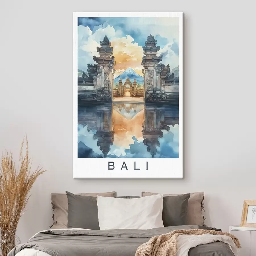 Wandbilder Bali Ästhetik, Tempel, Sonnenuntergang Himmel, tropische Natur, Aquarell-Stil s44149