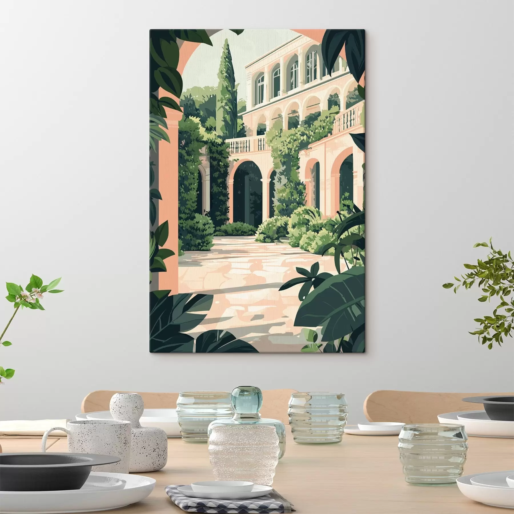 Wandbilder Mediterrane Architektur, tropische Natur, flacher Stil, Villa mit Garten s44150