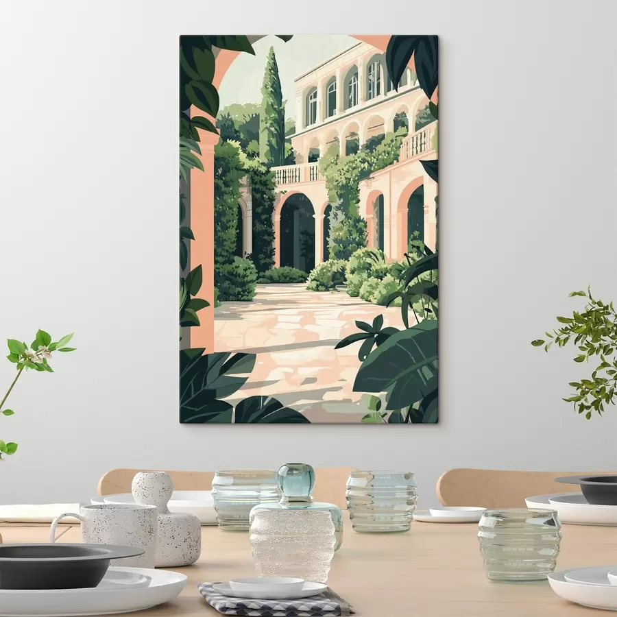 Wandbilder Mediterrane Architektur, tropische Natur, flacher Stil, Villa mit Garten s44150