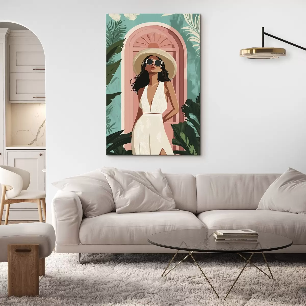 Wandbilder Frau mit Sonnenbrille und Hut, tropische Natur, Architektur s44152