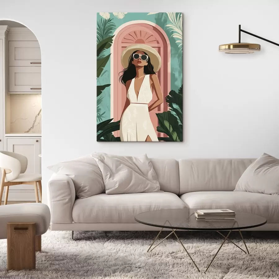 Wandbilder Frau mit Sonnenbrille und Hut, tropische Natur, Architektur s44152