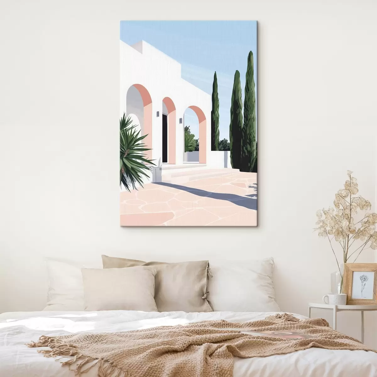 Wandbilder Weiße Villa mit Bögen und tropischem Garten, mediterraner, flacher Stil s44153