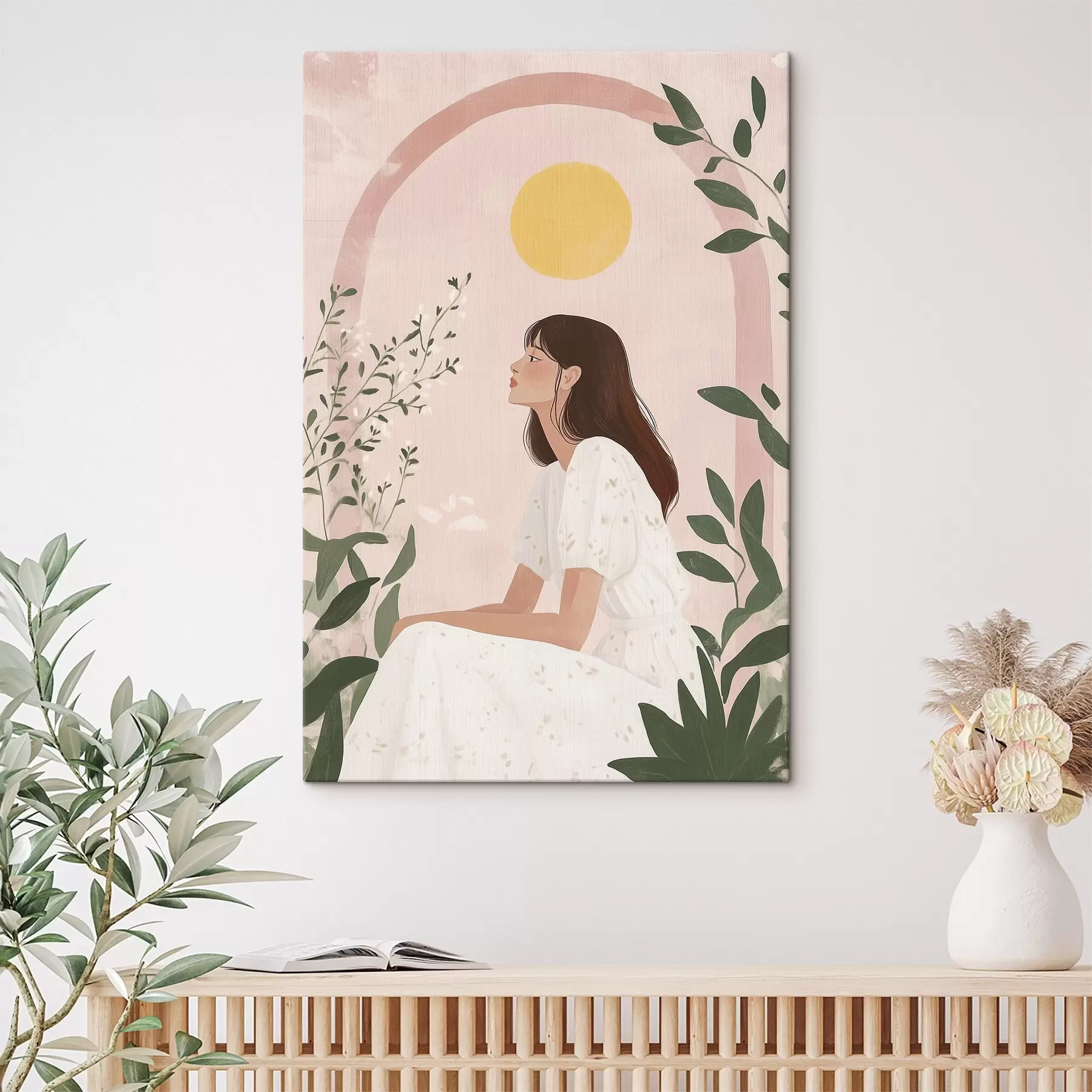 Wandbilder Schöne Frau im tropischen Garten, Sonne, Pastellfarben s44155