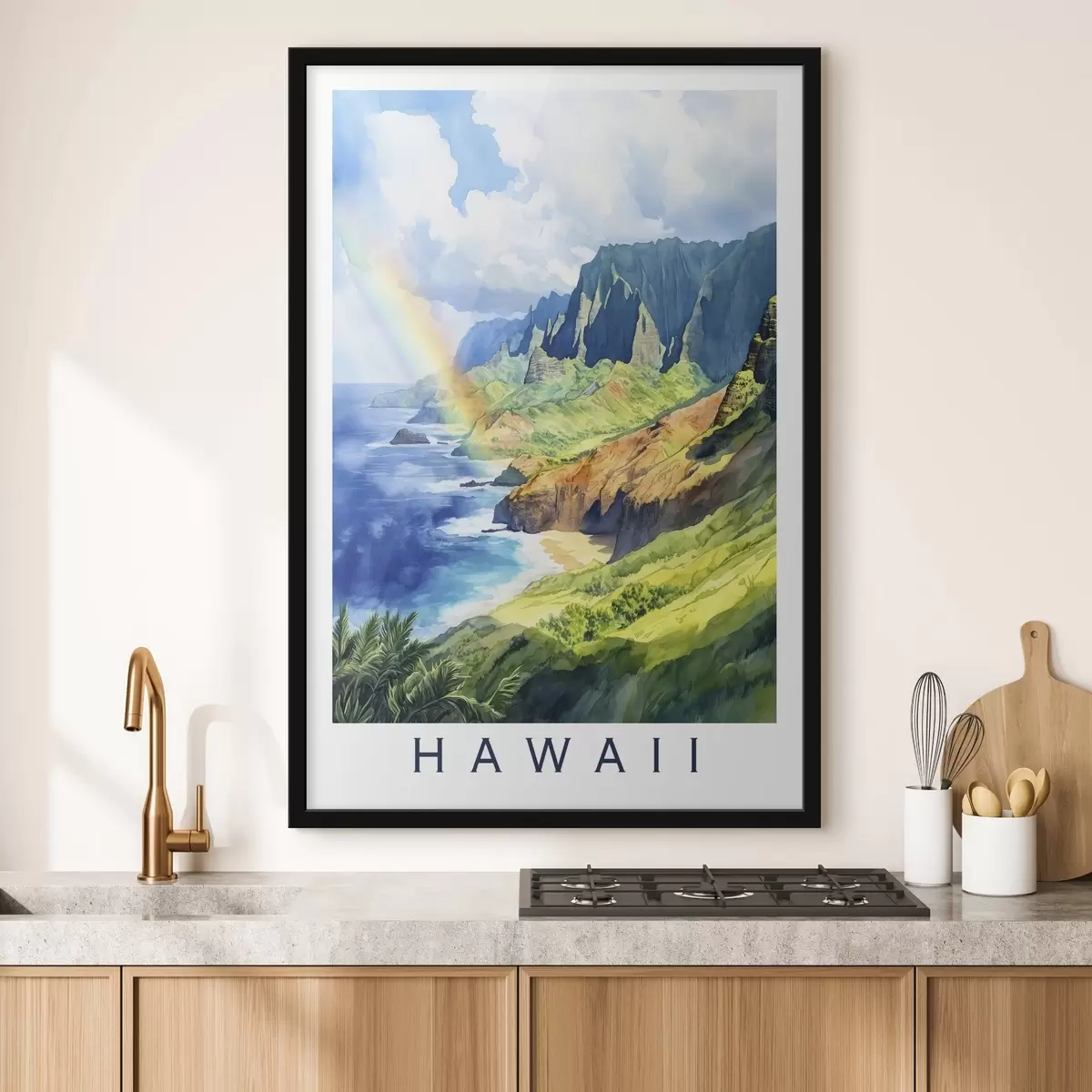 Poster Insel Hawaii, Aquarellstil, Regenbogen, grüne Berge, Meer f44141