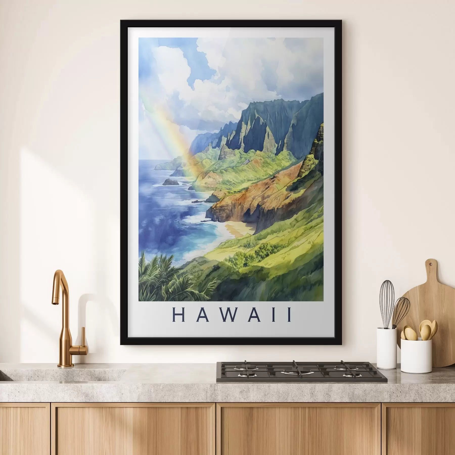 Fototapete Insel Hawaii, Aquarellstil, Regenbogen, grüne Berge, Meer f44141
