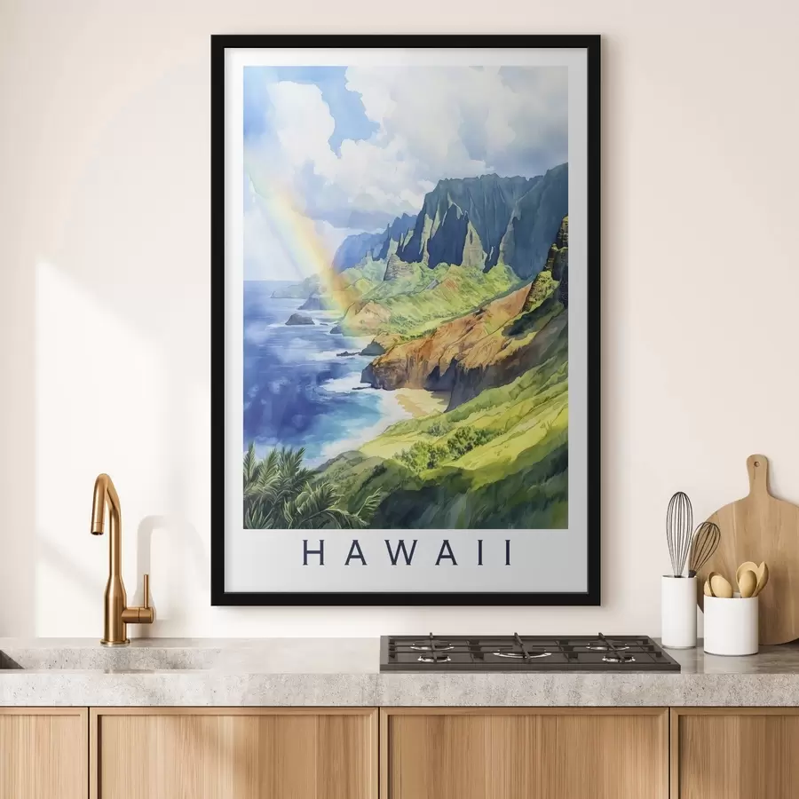 Fototapete Insel Hawaii, Aquarellstil, Regenbogen, grüne Berge, Meer f44141