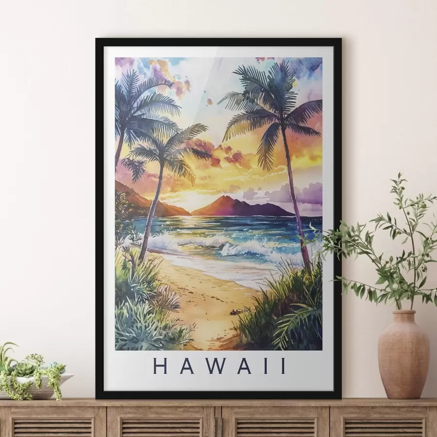 Wandbilder Sonnenuntergang auf der Insel Hawaii, Palmen, Meer, bunten Himmel, Aquarell-Stil f44142
