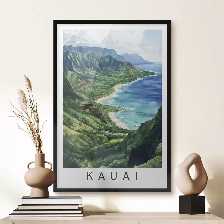 Fototapete Grüne Berge, Hawaii, Ozean, tropisch, Aquarellstil f44143