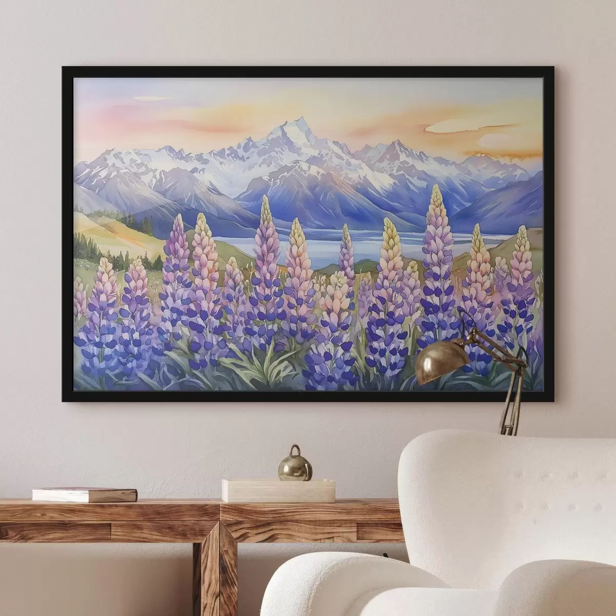 Poster Lupinenblüten, Wiese, Berge, Aquarellstil, Sonnenuntergangshimmel f44146