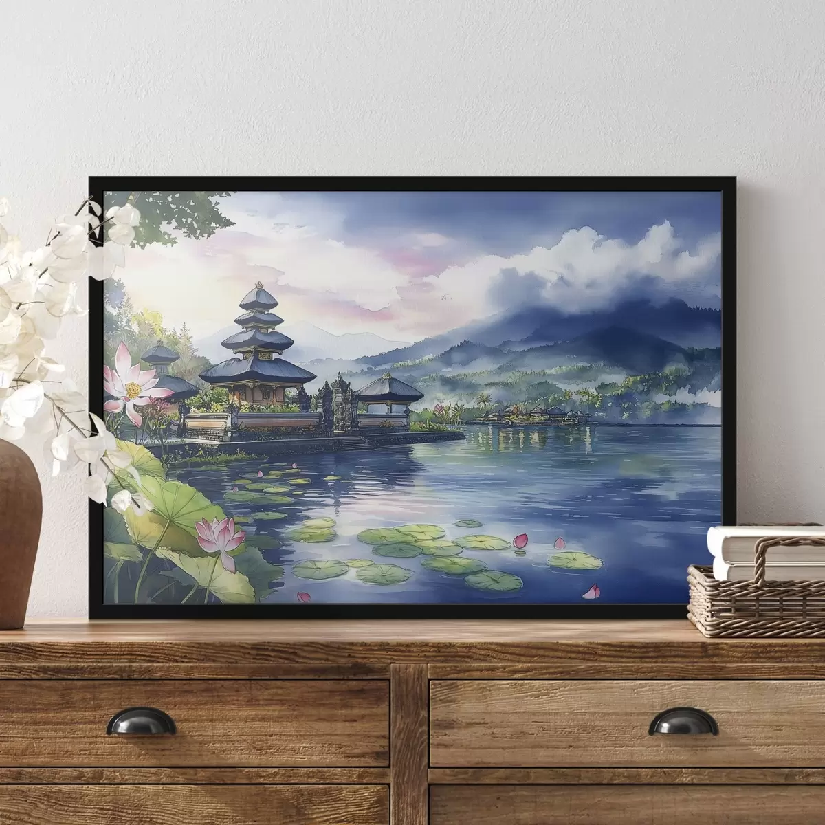 Poster Indonesische Insel, Tempel, Buddhismus, tropische Natur, Aquarellstil f44148