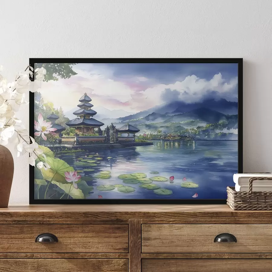 Fototapete Indonesische Insel, Tempel, Buddhismus, tropische Natur, Aquarellstil f44148