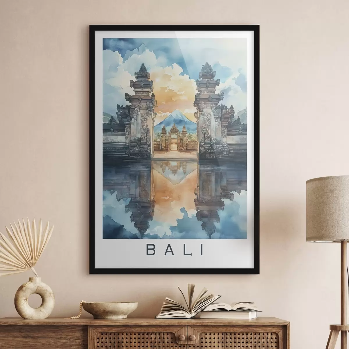Poster Bali Ästhetik, Tempel, Sonnenuntergang Himmel, tropische Natur, Aquarell-Stil f44149