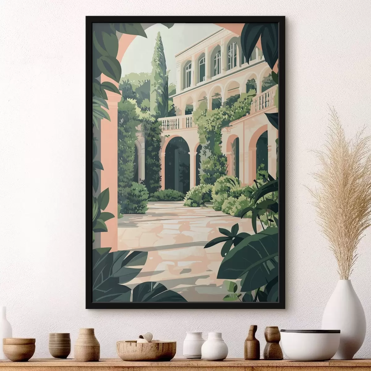 Poster Mediterrane Architektur, tropische Natur, flacher Stil, Villa mit Garten f44150