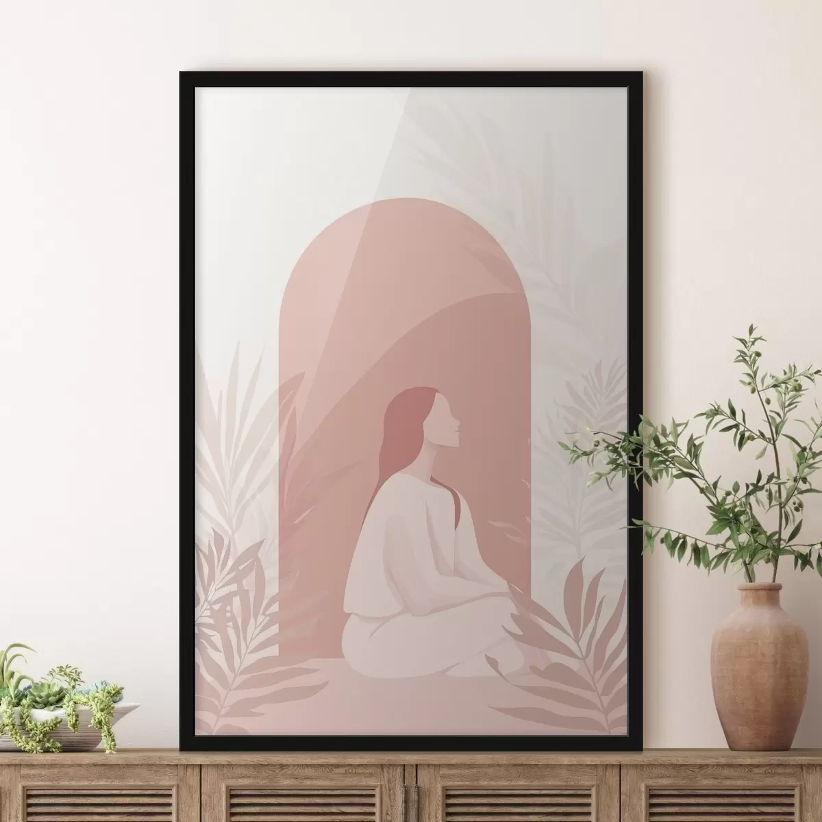 Poster Frau in Meditation, flacher Stil, tropische Pflanzen, rosa Farben f44154