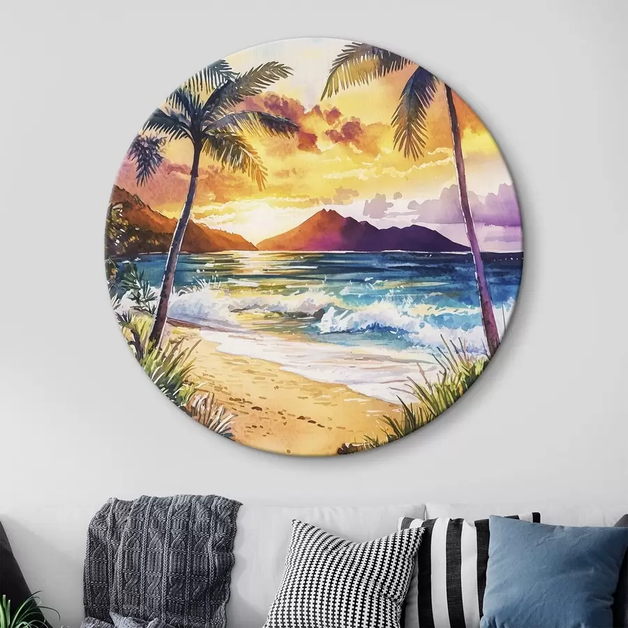 Wandbilder Sonnenuntergang auf der Insel Hawaii, Palmen, Meer, bunten Himmel, Aquarell-Stil r44142