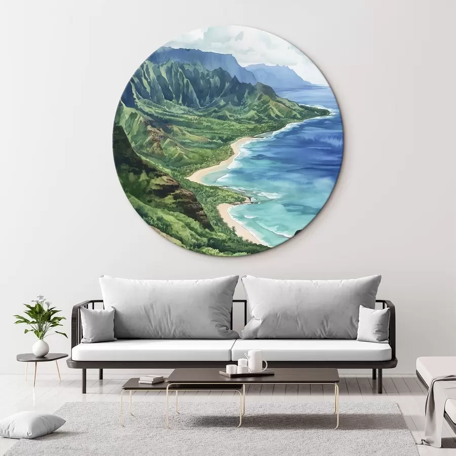 Wandbilder Grüne Berge, Hawaii, Ozean, tropisch, Aquarellstil r44143